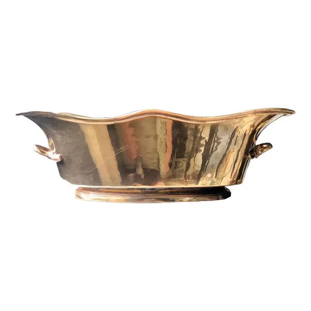 Late 20th Century Heavy Brass Scalloped Handled Jardiniere | Chairish