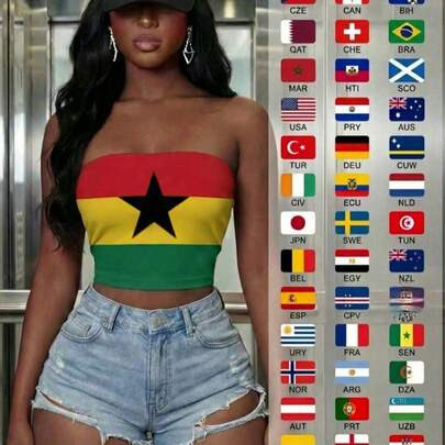 Women's Casual Ghana Flag Print Strapless Backless Crop Top, Suitable For Summer & Spring, Sports Fashion, Football Matches, World Cup | SHEIN