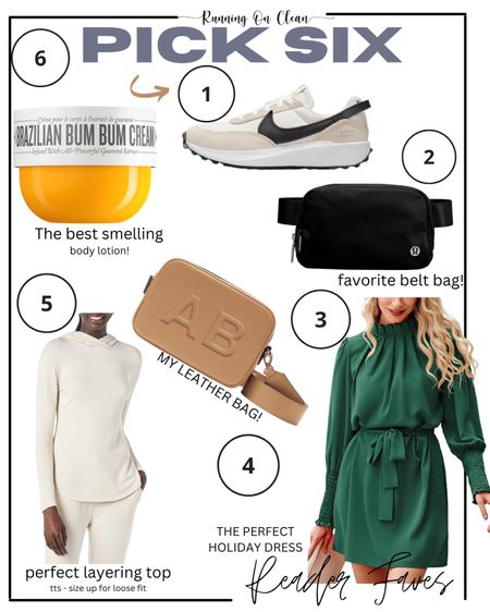 Reader favorites 
Pick Six 
Sneakers - neutral NIKE sneakers
Long sleeve layering top - Amazon
Holiday dress - amazon dress
Christmas dress // holiday party dress
Bum bum cream - body lotion - gift for her - stocking stuffer 
Belt bag - LuLulemon - gift idea 
Initial leather crossbody- gift idea


#LTKHoliday #LTKitbag #LTKGiftGuide