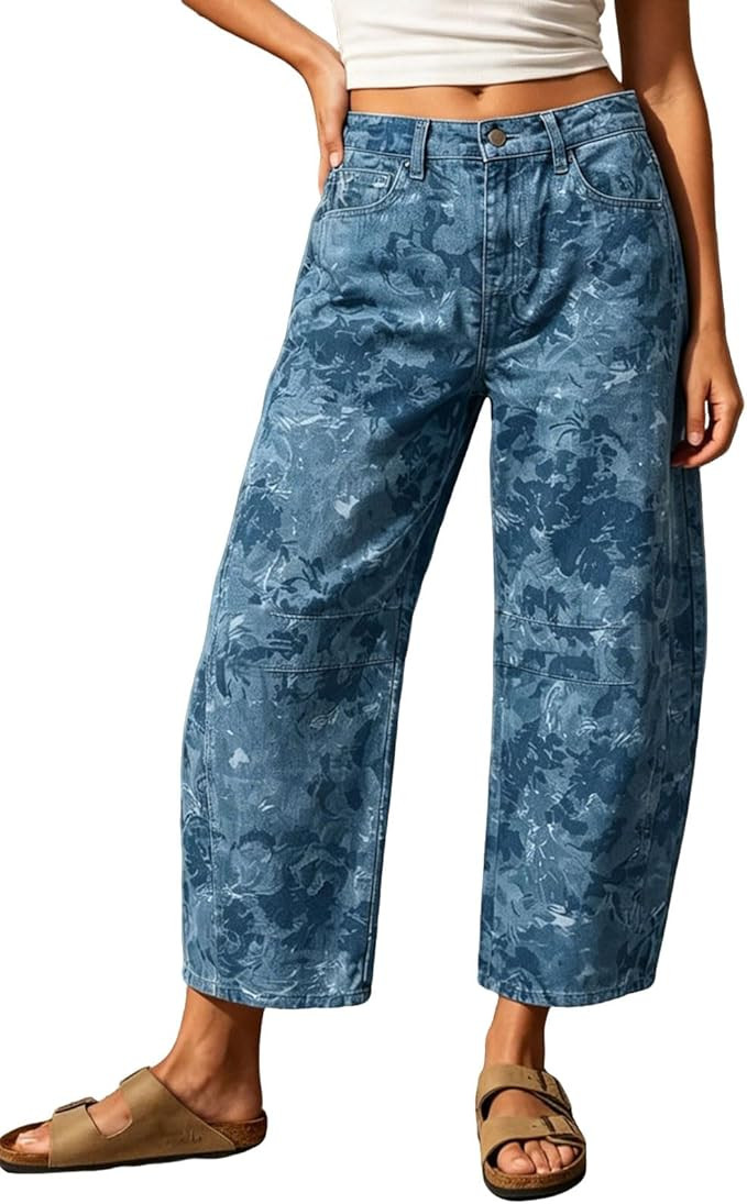 loveimgs Women Baggy Barrel Jeans Mid Rise Printed Denim Pants Wide Leg Jeans Boyfriend Y2k Patch... | Amazon (US)
