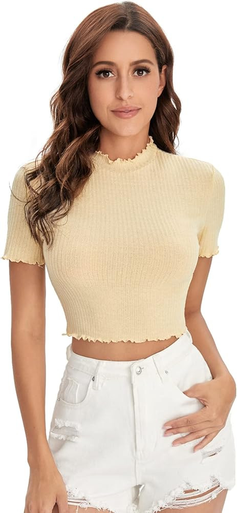SweatyRocks Women's Lettuce Trim Ribbed Knit Short Sleeve Crop Top T-Shirt | Amazon (US)