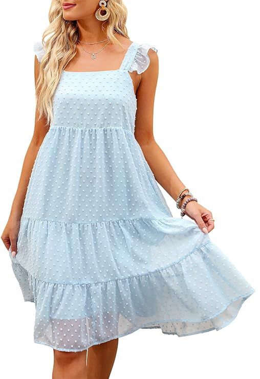 Caracilia Women’s Summer Babydoll Tiered Mini Dress Chiffon Swiss Dot Square Neck Ruffle Sleeve... | Amazon (US)