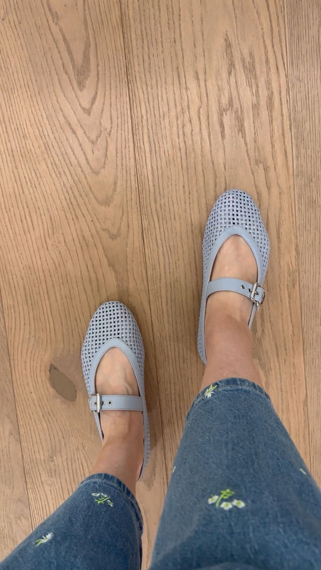 Super cute embroidered barrel jeans and light blue Mary Jane ballet flats. Casual spring outfit. ￼

#LTKootd #LTKSeasonal #LTKMidsize