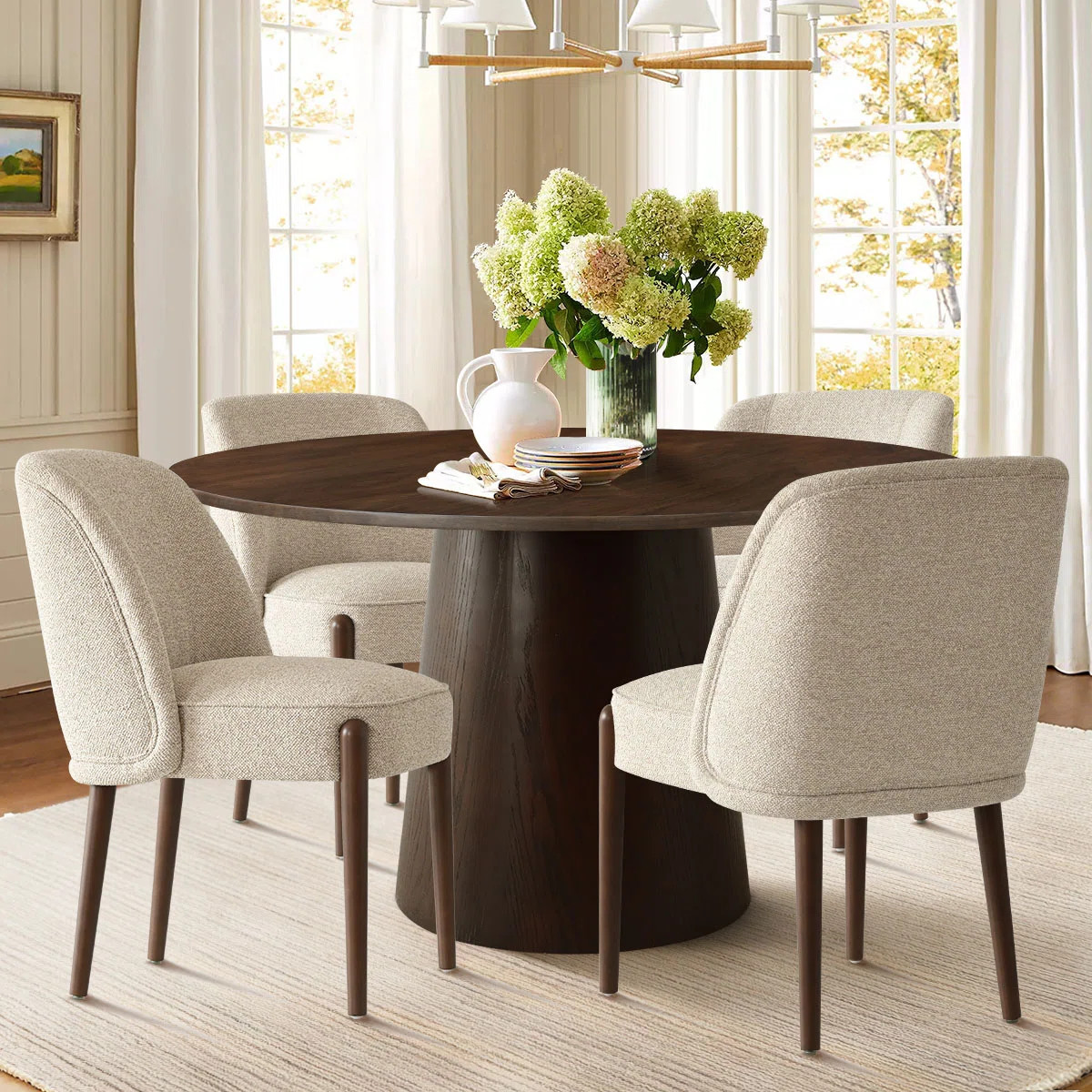 4 - Person Dining Table Sets With 52'' Solid Wood Round Table & 4 Upholstered Linen Chairs | Wayfair North America