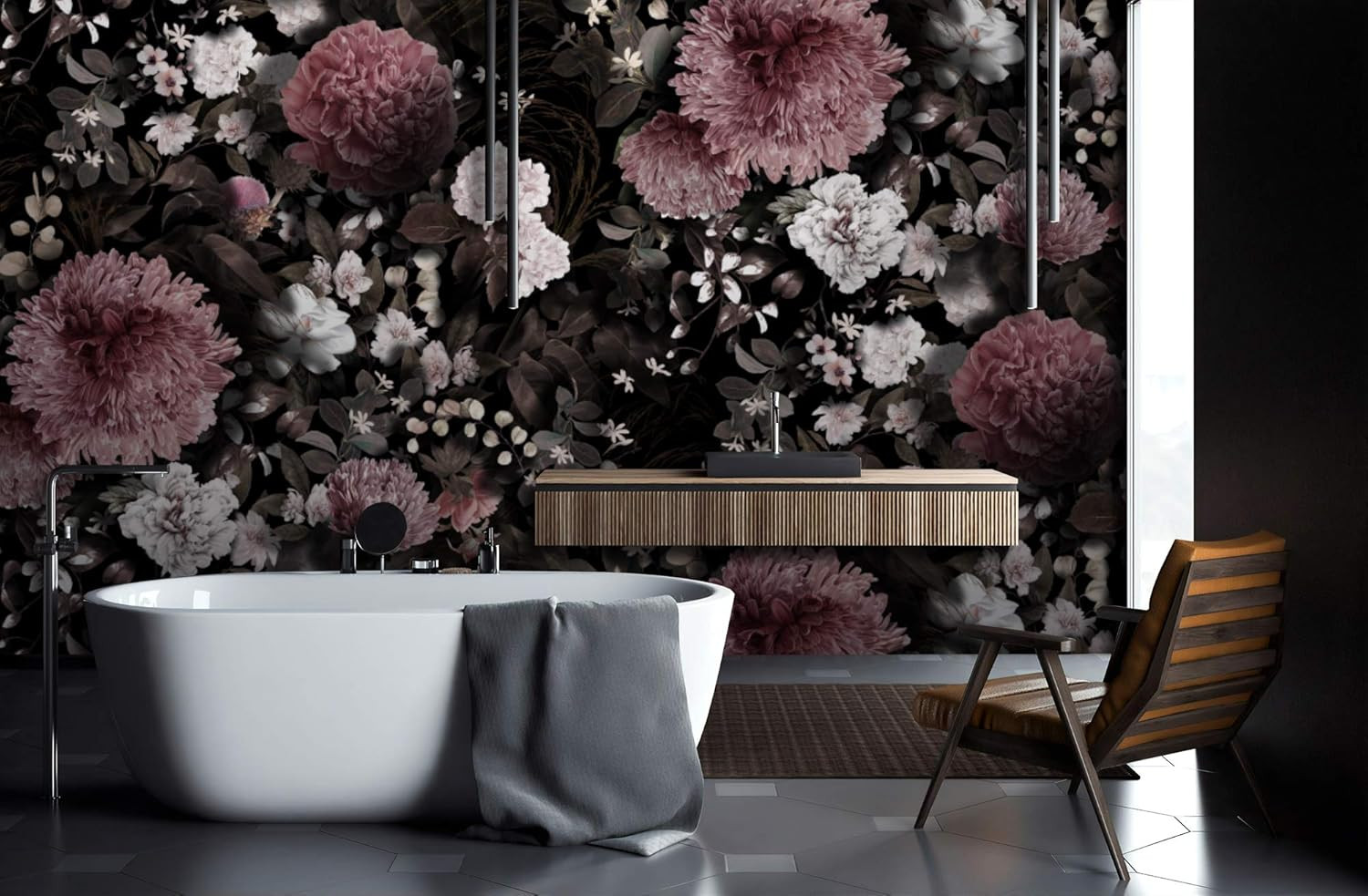 Murwall Dark Floral Wallpaper Pink Chrysanthemum Wall Mural White Floral Wall Print Classical Hom... | Amazon (US)