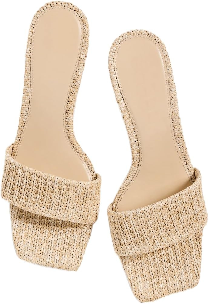 Women Kitten Heel Raffia Mules Slip On Crochet Sandals Breathable Summer Slides Lightweight Elega... | Amazon (US)