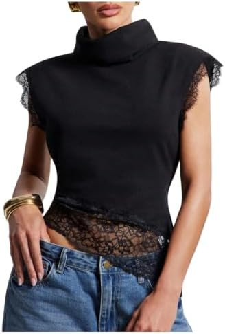 Verdusa Women's Lace Asymmetrical Tops Cap Sleeve High Neck T Shirts Date Night Outfit | Amazon (US)