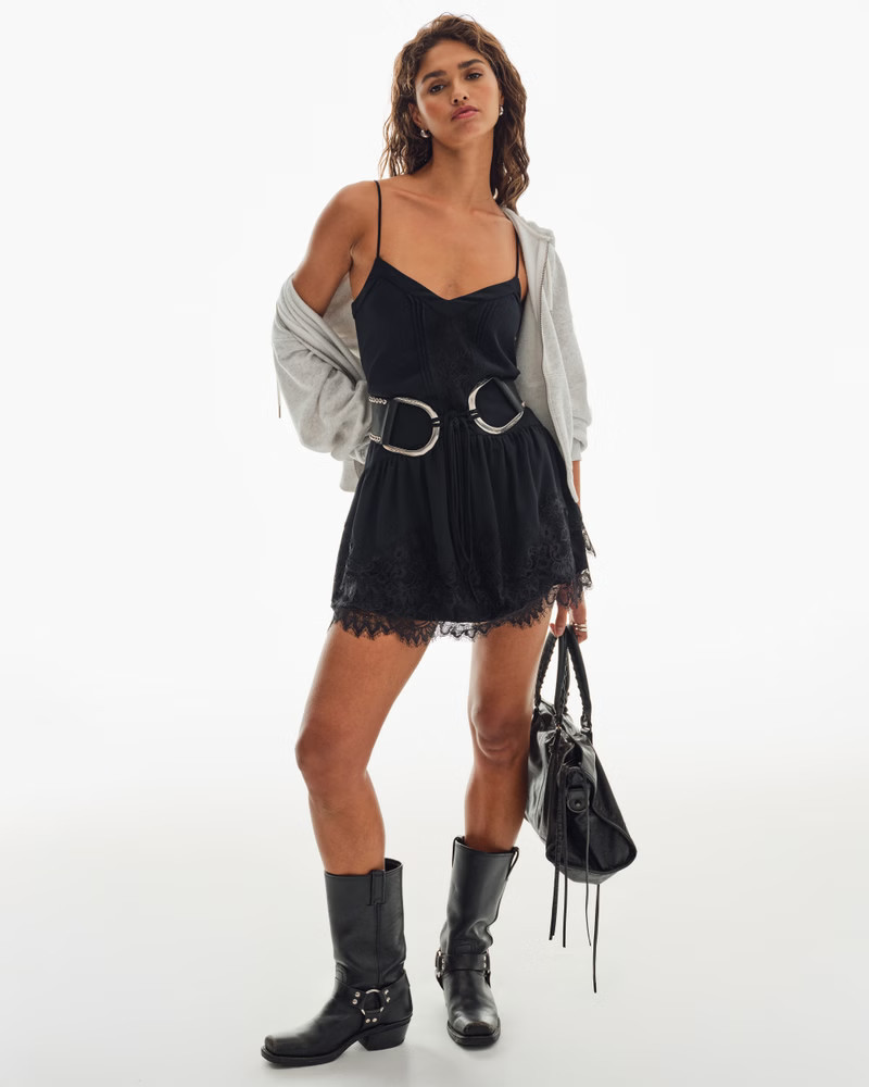Abercrombie & Fitch Women's V-Neck Lace Ruffle Mini Dress in Black - Size XXS | Abercrombie & Fitch (US)