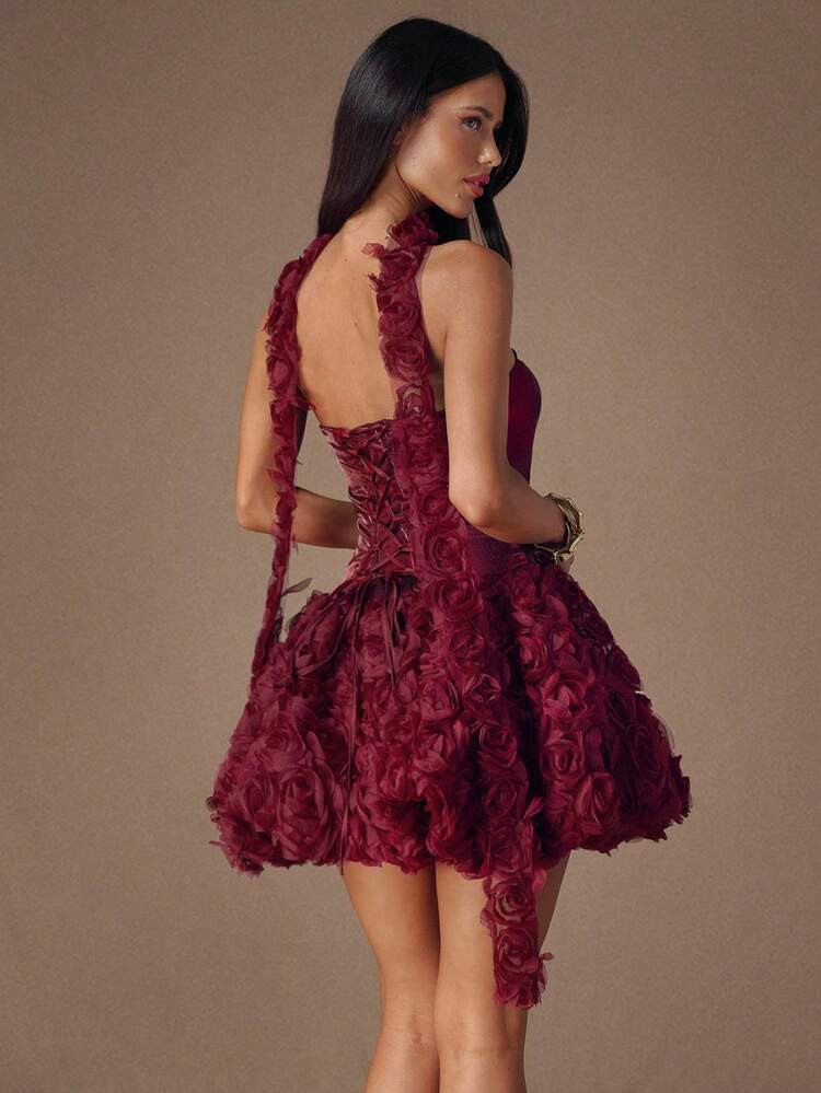 SHEIN BAE Autumn/Winter Women's Banquet Event Dress, Burgundy Strapless Ruched Puff Mini Dress, Winter Dress Women,Elegant Dresses For Party,Formal Dress,Floral Dress,Sequin Dress, Burgundy Dress,Valentine's Day,Valentine Outfits For Women | SHEIN