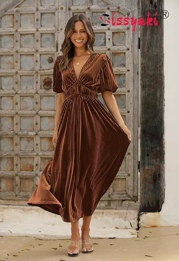Sissyaki Women's Boho V Neck Maxi Dress High Waist Fall Winter Long Dress | Amazon (US)