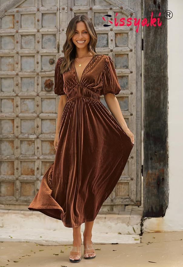 Sissyaki Women's Boho V Neck Maxi Dress High Waist Fall Winter Long Dress | Amazon (US)