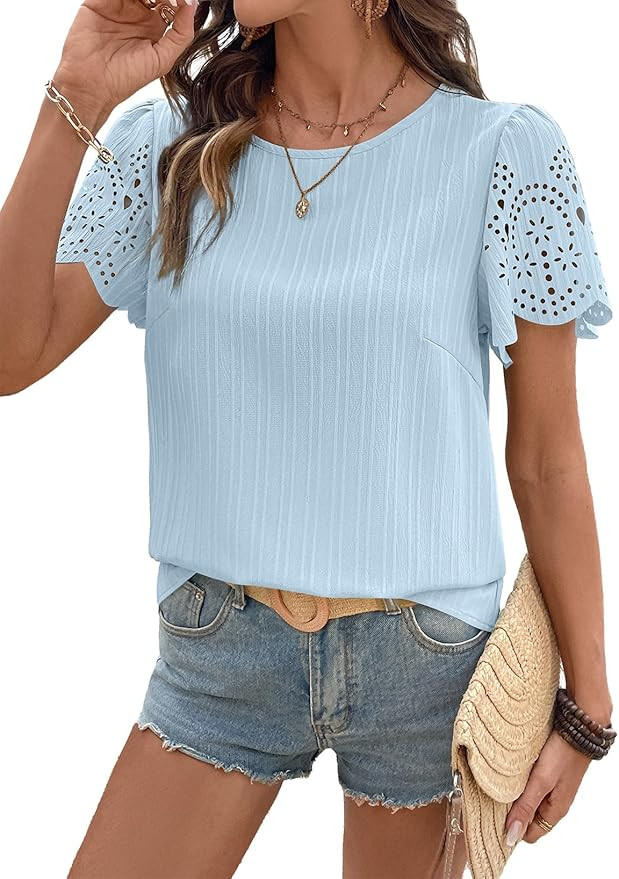 SHEWIN Womens Blouses Crewneck Hollow Out Short Sleeve Shirts Texture Summer Tops for Women 2026 | Amazon (US)