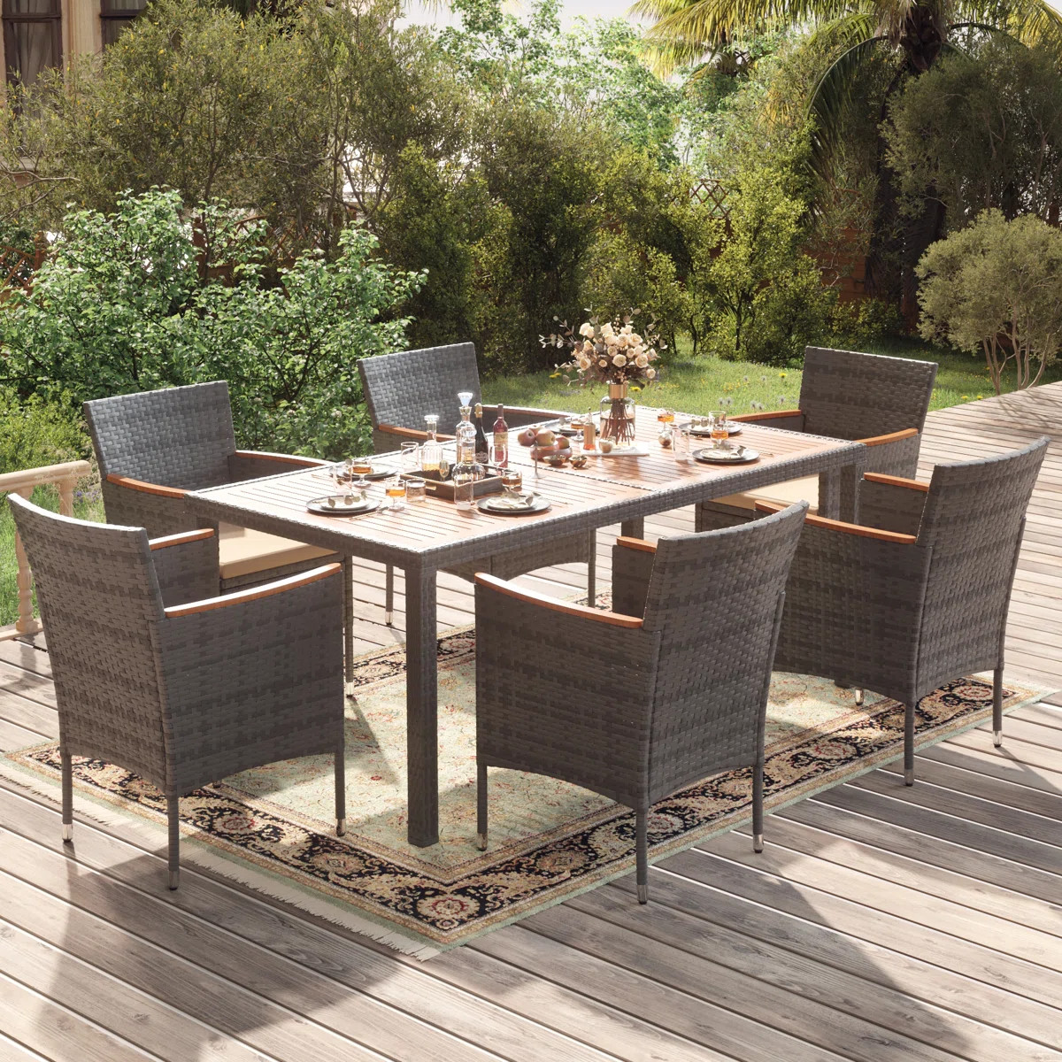 Callan 6 - Person Acacia Wicker Patio Dining Set with Rectangular Table , Cushions Included | Wayfair North America