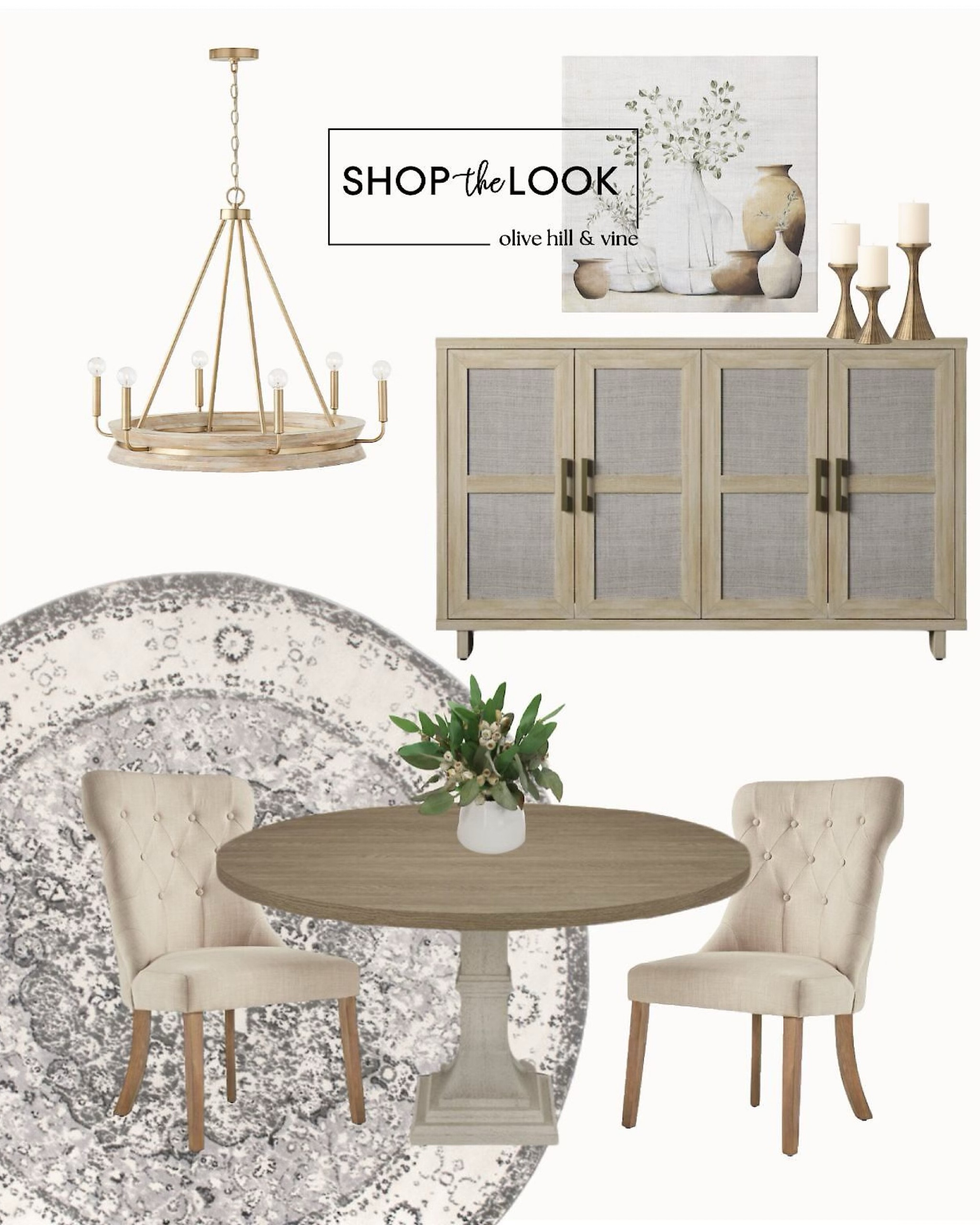 Gather around in a dining space that blends farmhouse charm with chic sophistication. A round pedestal dining table pairs effortlessly with tufted linen wingback chairs, while a gray and ivory oriental rug grounds the room. A wagon wheel chandelier casts a warm glow, complemented by a weathered sideboard, muted floral artwork, and elegant décor. 

#LTKHome #LTKFamily #LTKStyleTip