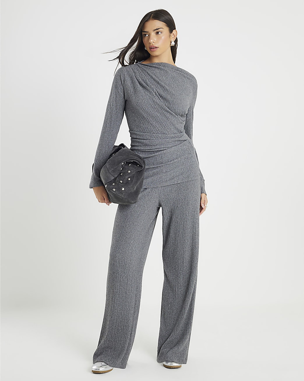 Grey Cosy Ribbed Wide Leg Trousers | River Island UK & IE