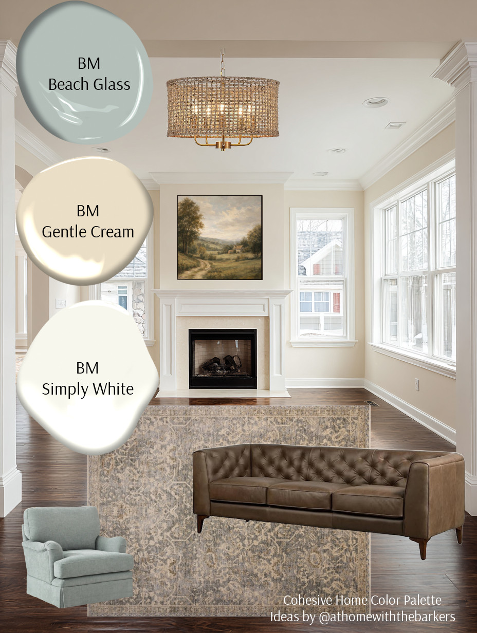 Living room painted BM Gentle Cream with brown and blue accents 

 #LTKHome #LTKSaleAlert