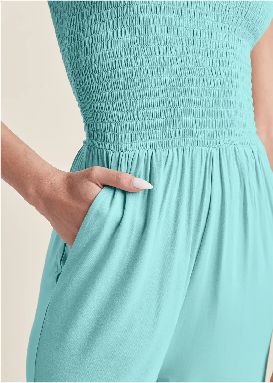 Smocked Side Slit Jumpsuit - Mint | VENUS