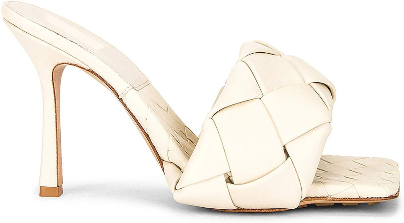 Women's Square Open Toe Heeled Woven Leather Mule Sandals Stiletto Slip On Quilted High Heel Shoes | Amazon (US)