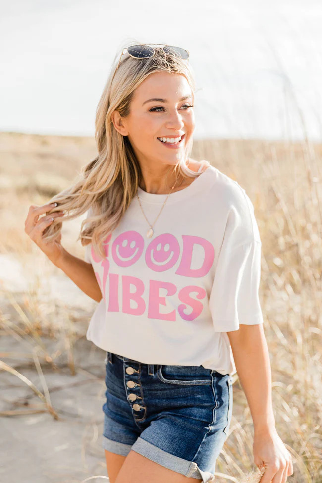 Good Vibes Smiley Sand Oversized Graphic Tee | The Pink Lily Boutique