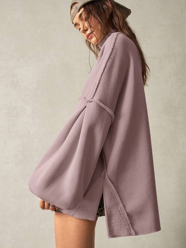 Bohemela Vacation Casual Solid Color Knit Loose Fit High Neck Drop Shoulder Lantern Sleeve Hoodie... | SHEIN