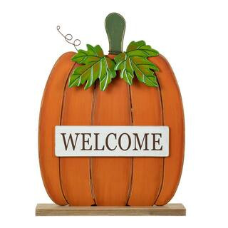 Glitzhome 27 in. H Fall Wood/Metal Welcome Pumpkin Porch Decor 2006200040 - The Home Depot | The Home Depot