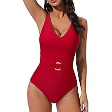 SUUKSESS Women Retro One Piece Swimsuit Metal Tummy Control V Neck Bathing Suit | Amazon (US)
