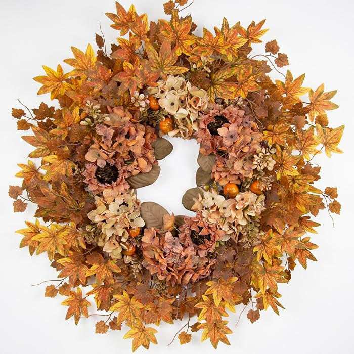 TOPIA 26 Inch Artificial Dried Hydrangea Wreath, Autumn Fall Wreath, Handmade Silk Floral Door De... | Amazon (US)