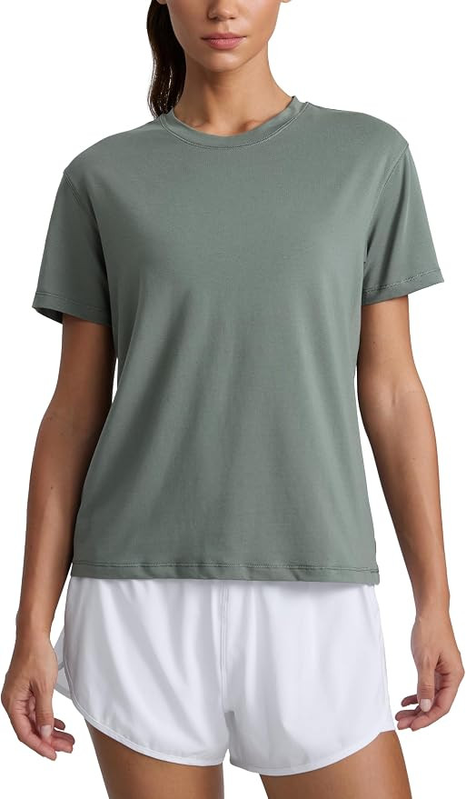 CRZ YOGA Cotton-Blend Crewneck T-Shirt | Workout, Dry Feel, Classic Fit, Hip Length, Short Sleeve... | Amazon (US)