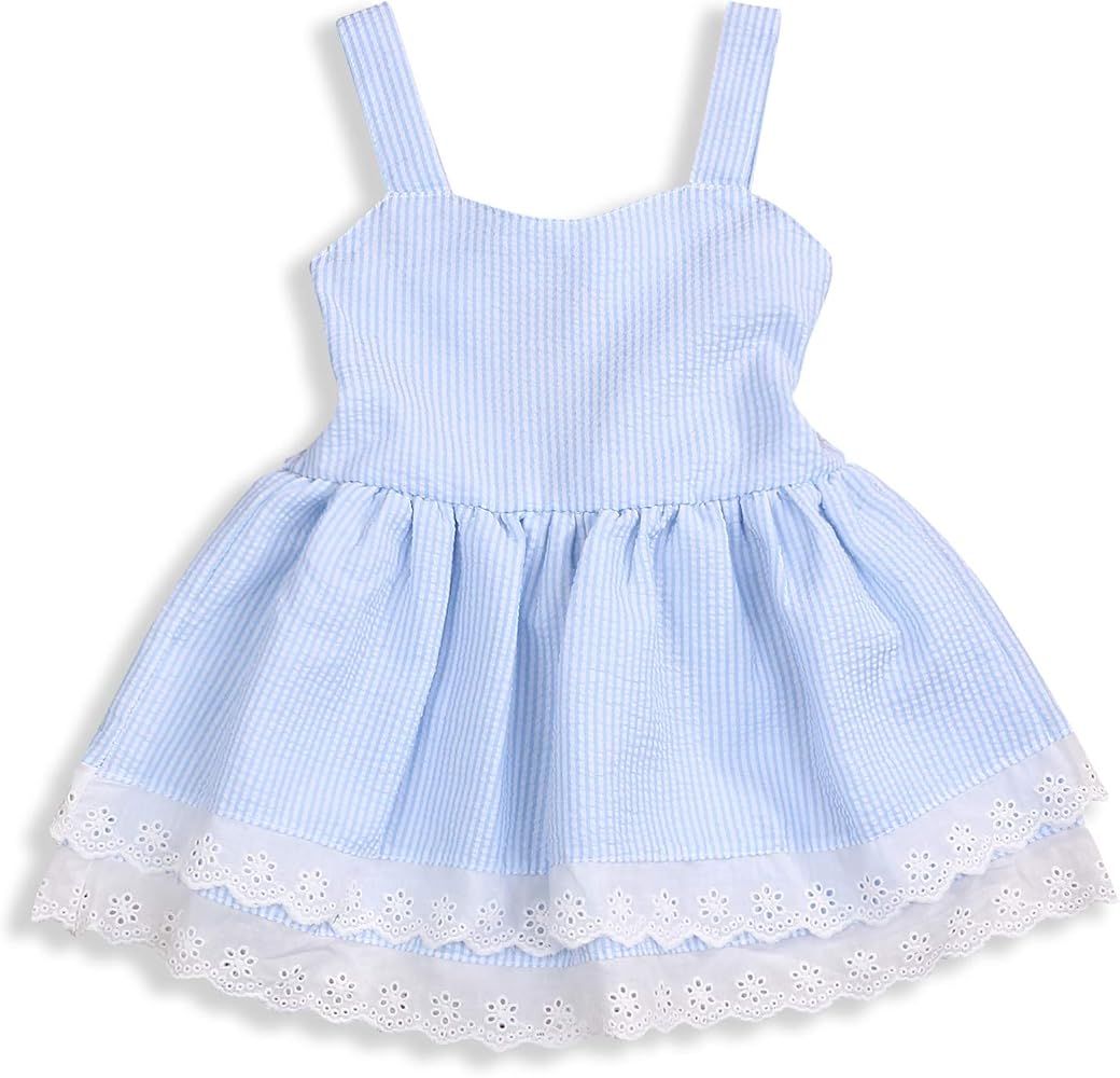 Toddler Girl Dress Cool Summer Young Girl Blue Striped Lace Suspender Party Pageant Dress | Amazon (US)