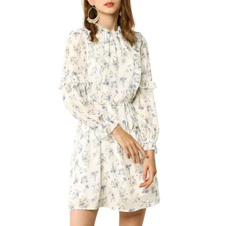 Allegra K Women's Floral Tie Waist Long Sleeve Ruffle Chiffon Dress S White | Walmart (US)