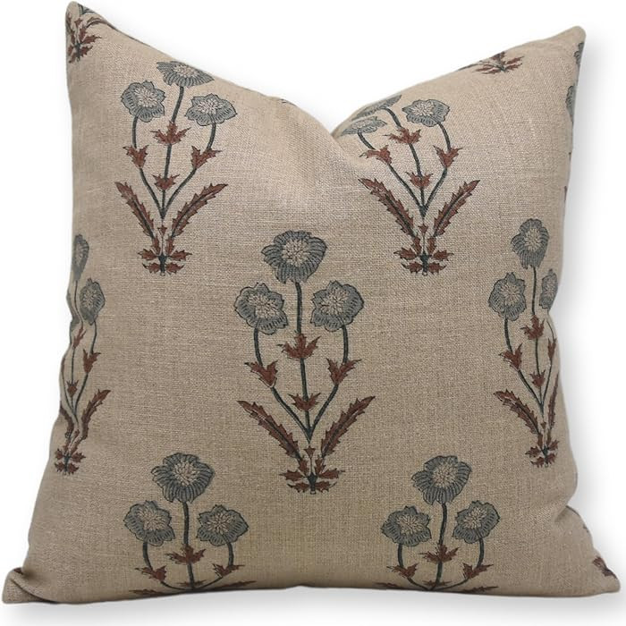 Handmade Floral Vintage Pillow Cover 18x18 Thick Linen Bohemian Block Print Cushion Case, Decorat... | Amazon (US)