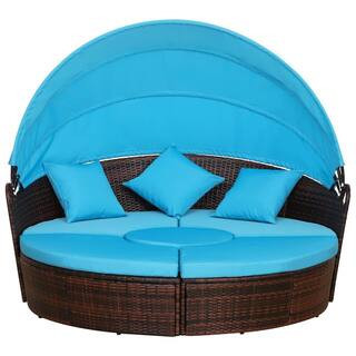 Adjustable Blue Rattan Wicker Outdoor Patio Furniture Set Loveseat with Blue Cushions | The Home Depot