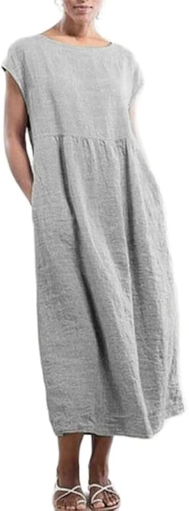 Akivide Women's Summer Flowy Cotton Linen Dress Beach Casual Loose Sleeveless Crewneck Baggy Long... | Amazon (US)