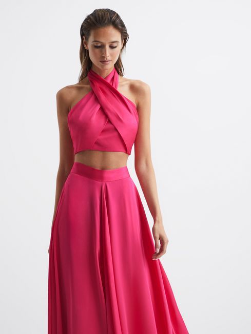 Reiss Pink Ruby Cropped Halter Occasion Top | Reiss UK