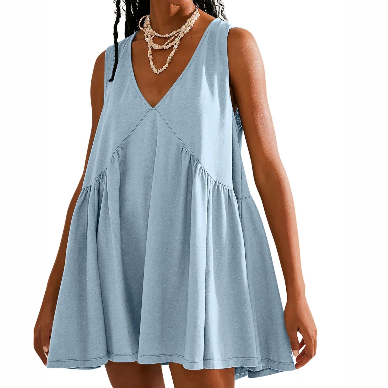 Dasayo Mini Women Dresses for Summer Sleeveless Blue Casual Dresses Daily Solid V Neck Dresses | Walmart (US)