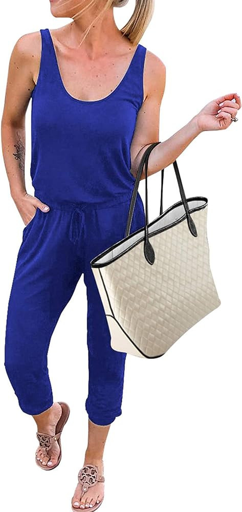 KIRUNDO Women 2025 Summer Jumpsuits Casual Sleeveless Drawstring Elastic Waist Romper Vacation Cr... | Amazon (US)