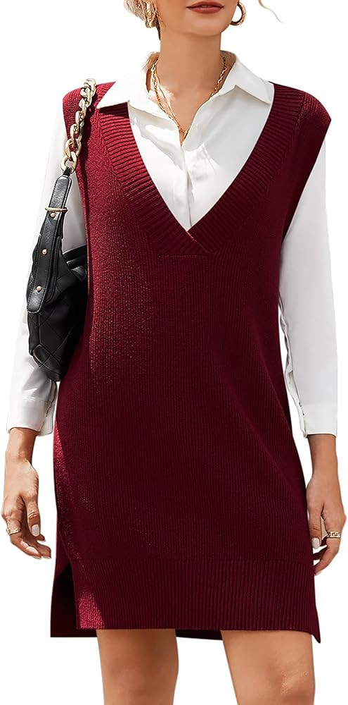 HOTOUCH Women's V Neck Sweater Vest Dress Oversized Sleeveless Casual Pullover Sweater Fall Winte... | Amazon (US)