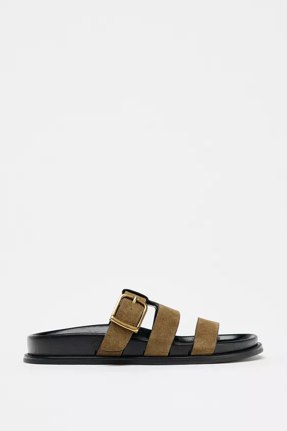 BUCKLE FLAT SPLIT SUEDE SANDALS | Zara UK