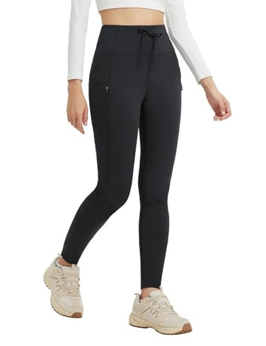 baleaf Women's Fleece Lined Leggings Hiking Ripstop Water Resistant Pants Thermal Warm Winter Tights with Zipper Pockets Cold Weather Gear Black M | Amazon (US)