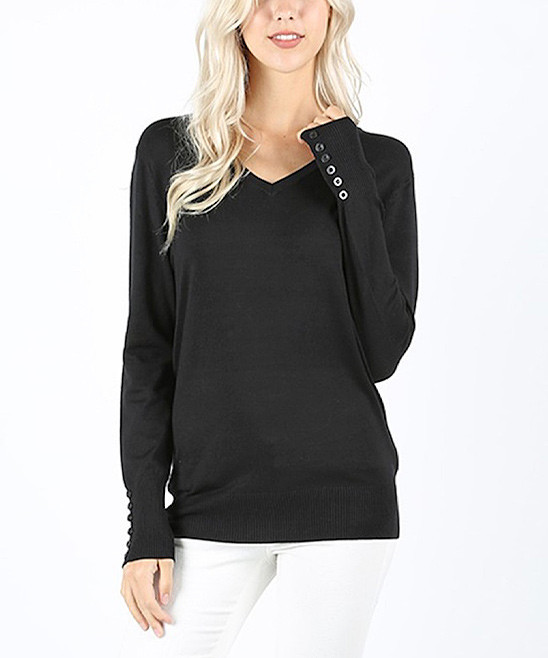 Shamaim Women's Pullover Sweaters BLACK - Black V-Neck Sweater - Women | Zulily