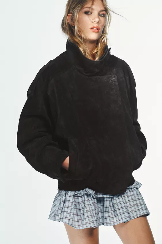 100% SUEDE LEATHER BIKER JACKET WITH COVERED BUTTONS | Zara UK