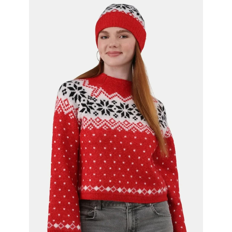 No Boundaries Fairisle Jacquard Pullover and Beanie Set, 2-Piece, Women's and Women’s Plus - Wa... | Walmart (US)