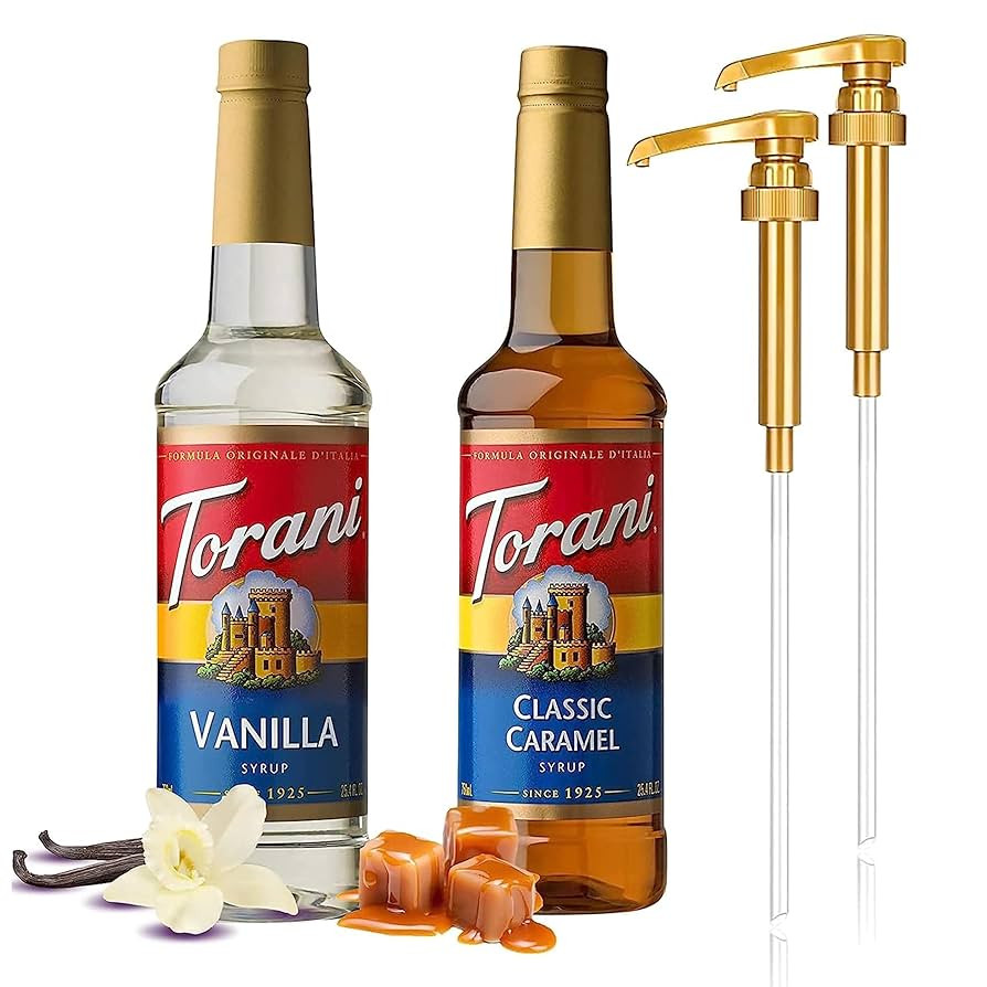 2 Syrup Pump Dispenser Bundle with Torani Coffee Syrup, Vanilla & Caramel Flavors, 25.4 oz Bottle... | Amazon (US)