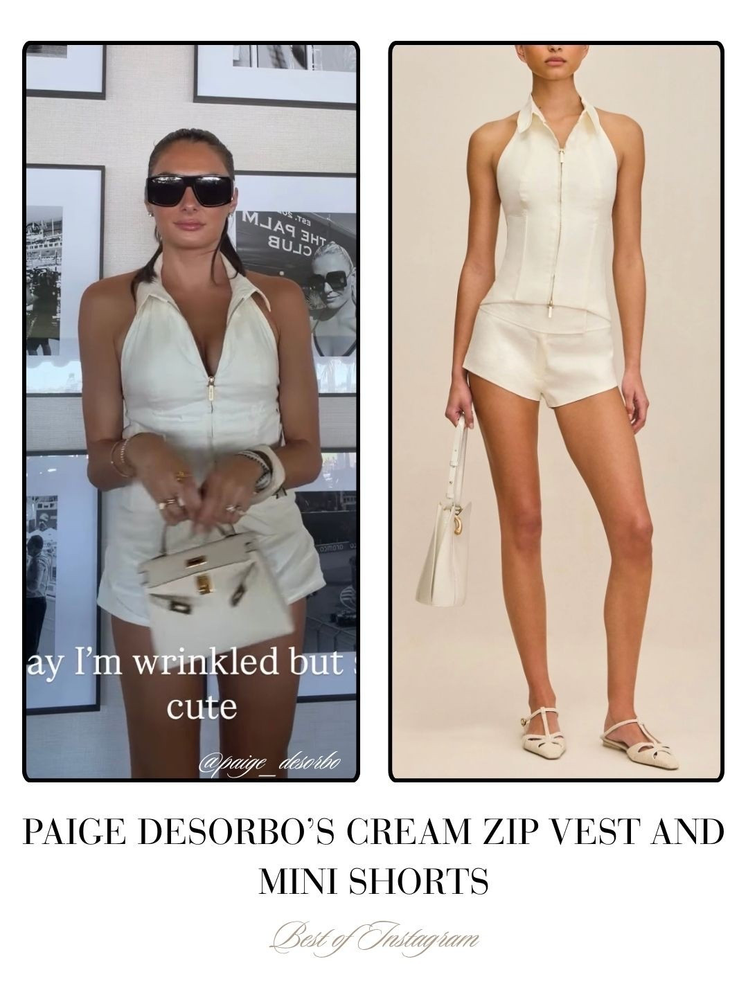 Paige DeSorbo’s Cream Zip Vest and Mini Shorts 📸 = @paige_desorbo
