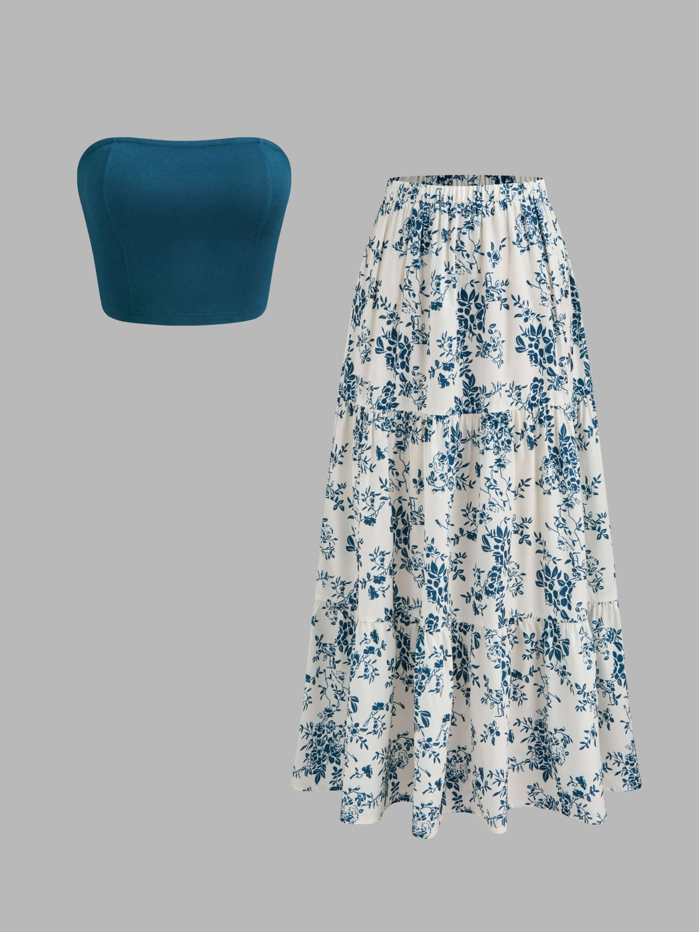 Woven Solid Crop Tube Top & Mid Rise Floral Ruffle Tiered Maxi Skirt Set For Vacation | Cider