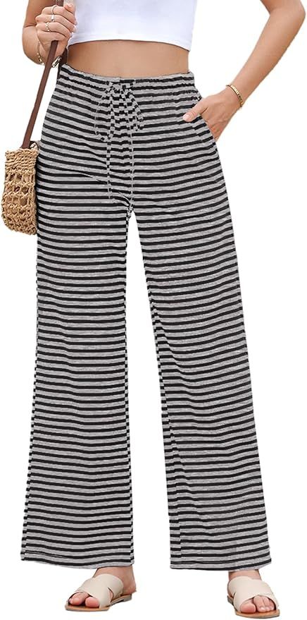 EVALESS Wide Leg Pants for Women Drawstring Elastic Waist Stripe Lightweight Sweatpants with Pock... | Amazon (US)