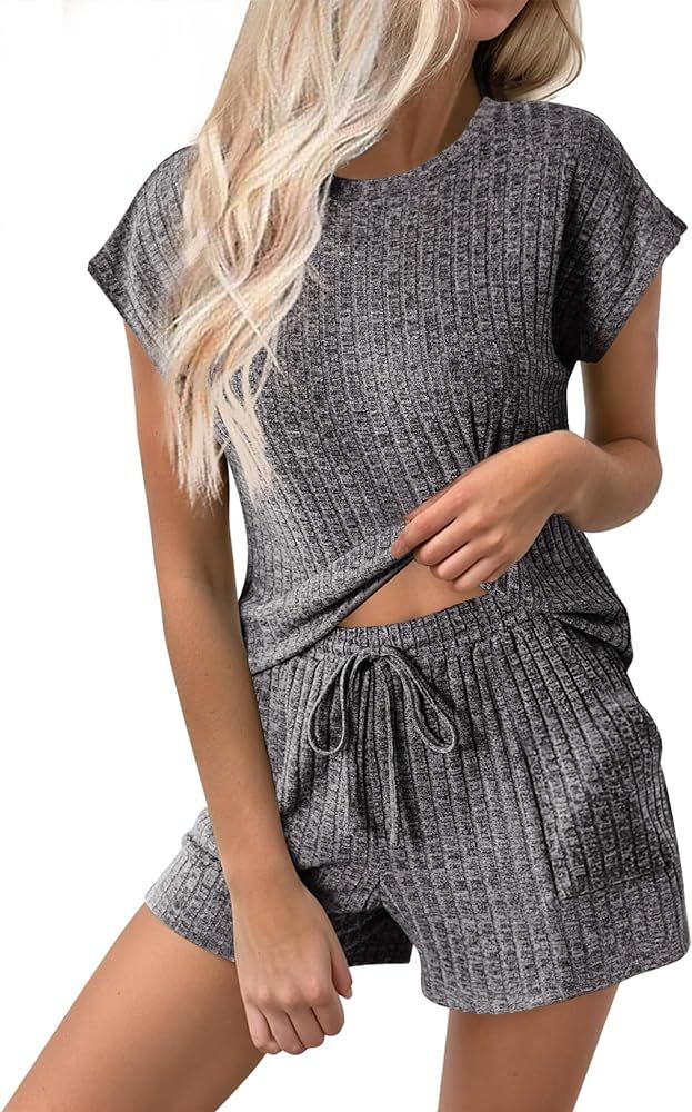 Ekouaer Pajamas for Women Ribbed Knit Lounge Set Cap Sleeve Top and Shorts Loungewear Sleepwear w... | Amazon (US)