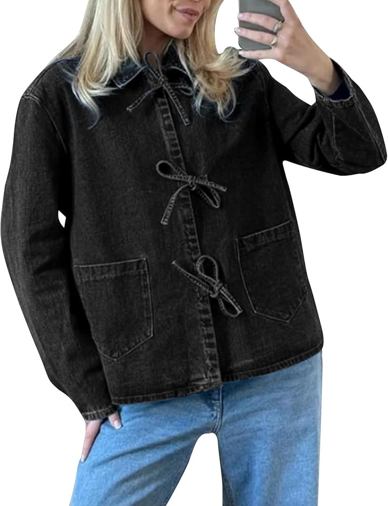 COZYPOIN Women's Tie Front Bow Denim Jacket Cropped Jean Shirts Lightweight Long Sleeve Fall Top ... | Amazon (US)