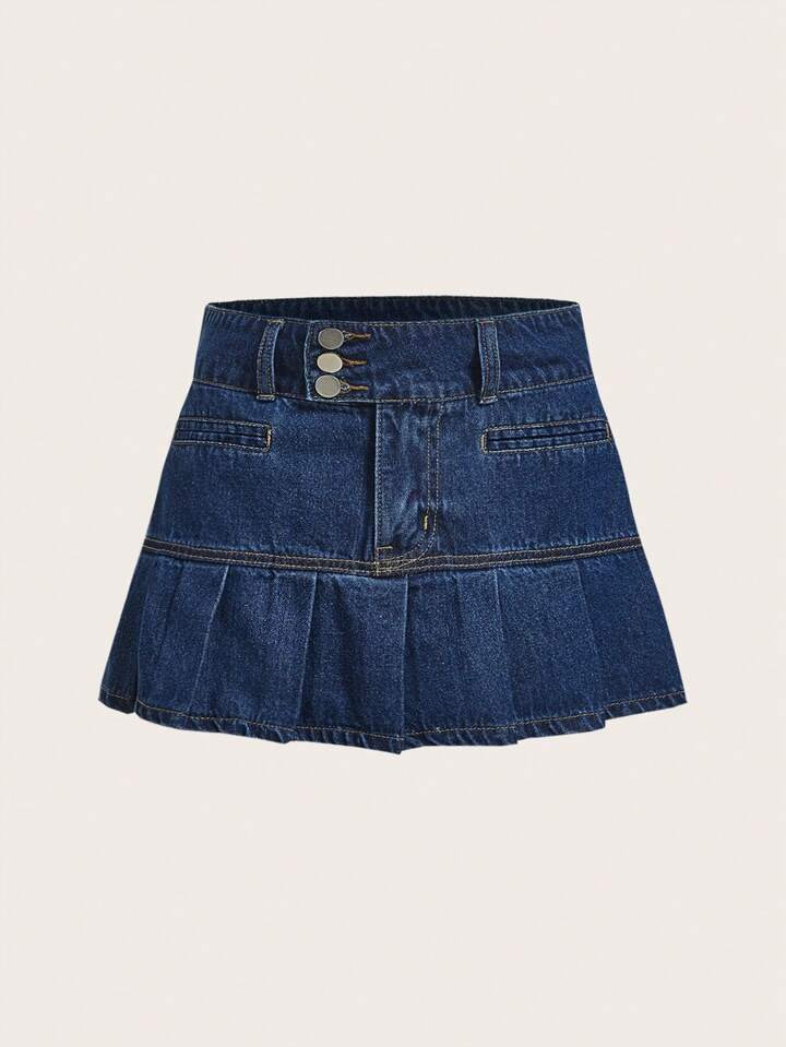 SHEIN MOD Pleated Hem Denim Skirt | SHEIN