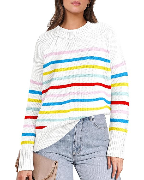 ANRABESS Women Fall Fashion Sweaters Striped Long Sleeve Crewneck Loose Fit Cozy Knit Trendy Pull... | Amazon (US)